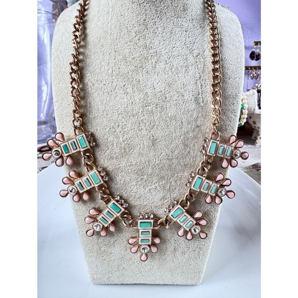 Plunder Gold-Tone Pink & Mint Enamel Floral Bib Necklace